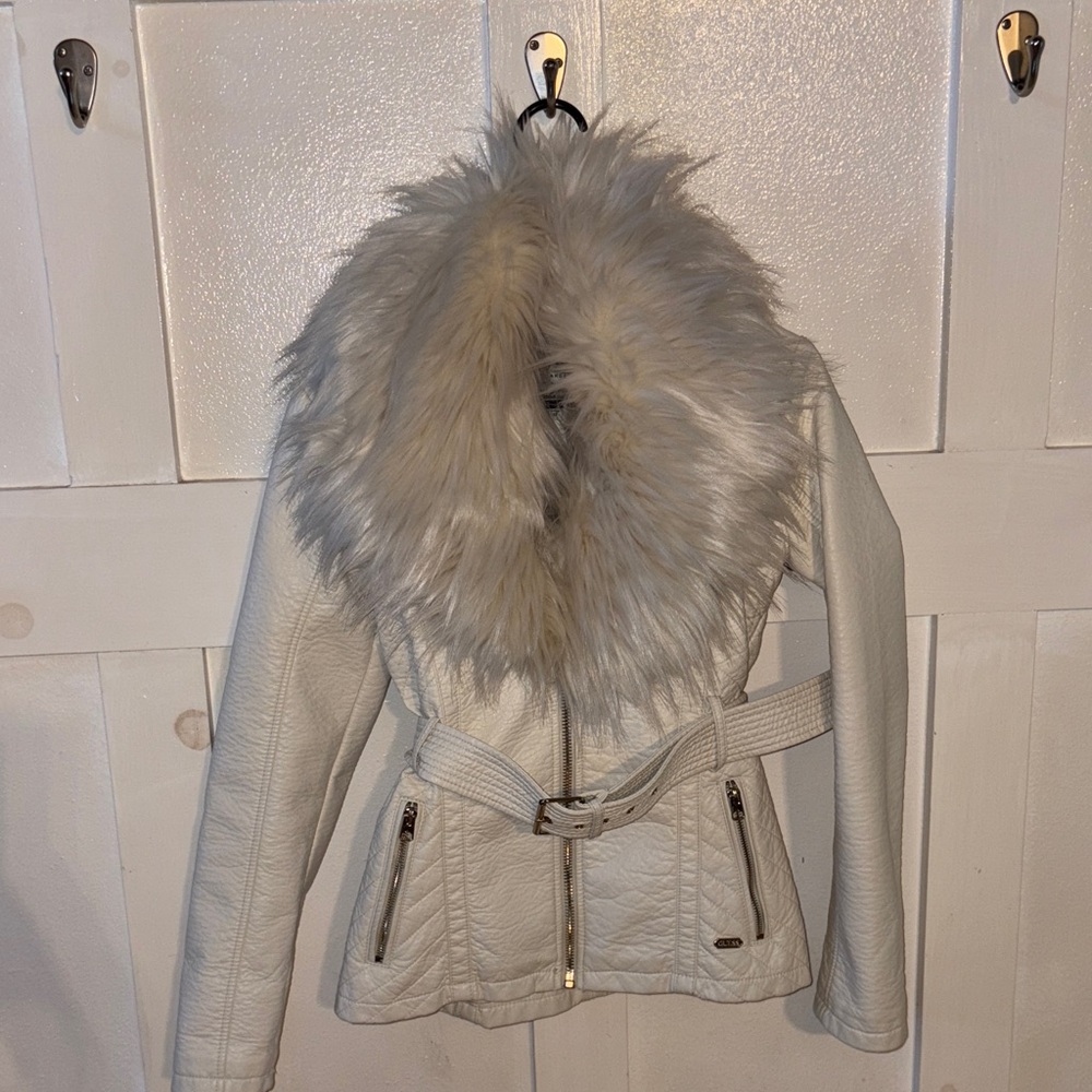 Guess White Leather Jacket with REMOVABLE Faux Fur Collar